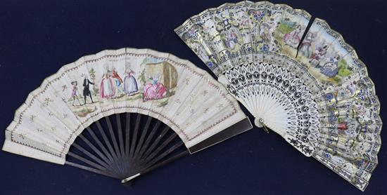 A 19th century Continental bone fan, with hand painted lithographed leaf and another printed with Chanson Pour 26cm and 28cm